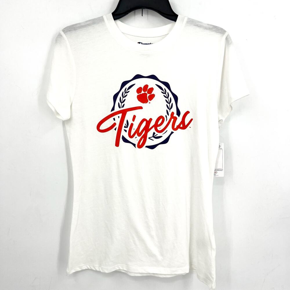 CHAMPION Womens Short Sleeve Tigers Crest T-Shirt Small White Crewneck NWT